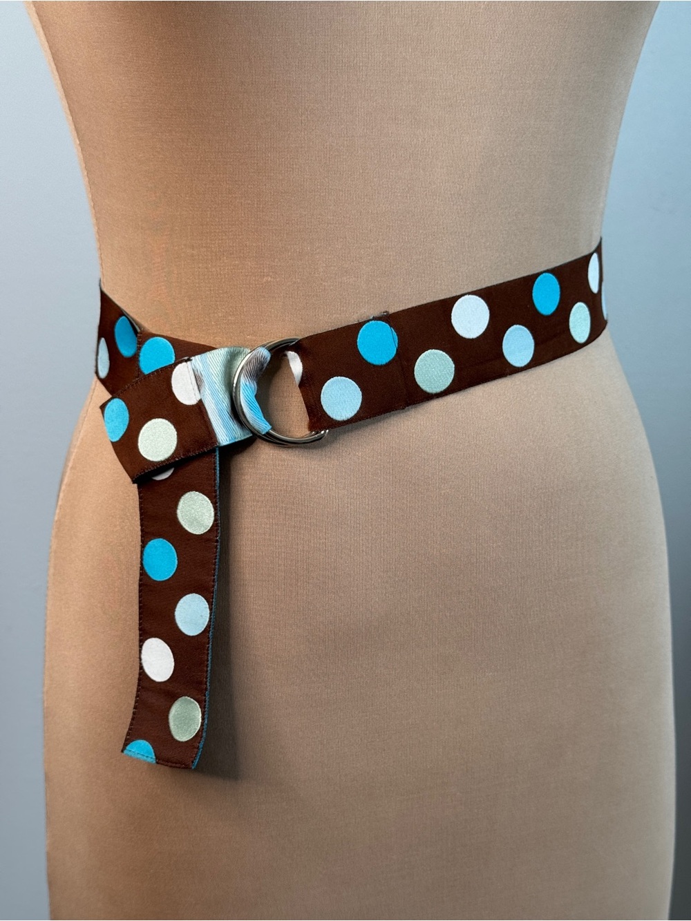 Brown Blue Polka Dot Fabric Belt Ribbon Double Ring Buckle